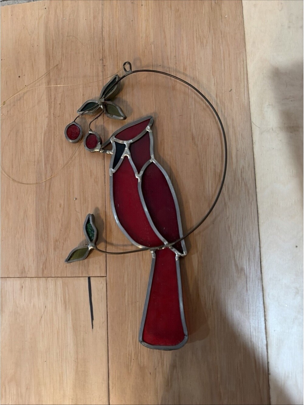 Red Cardinal Bird Stained Glass Suncatcher With Berries, 9.5”